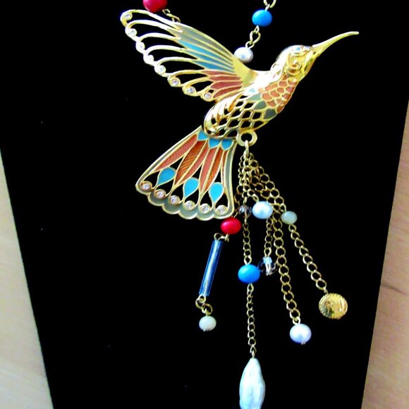 Gold tone enamel, bead & rhinestone hummingbird pendant signed MW - 7" length! - Picture 2 of 12